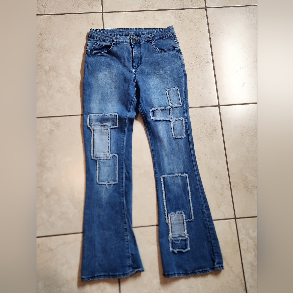 Men's Blue Patchwork Jeans, Flare, Bootcut, Size 32 X 30